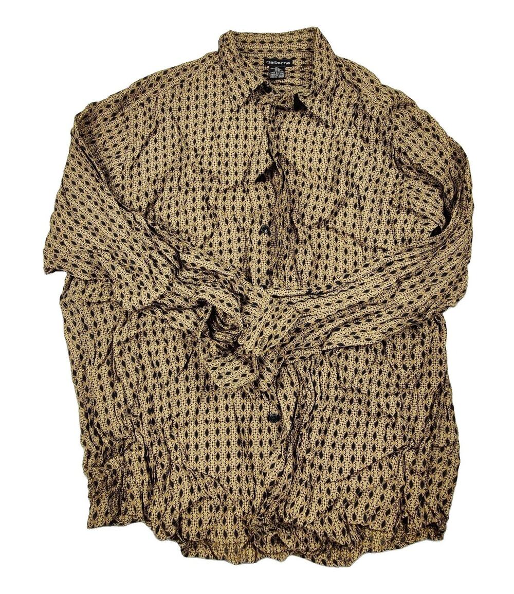 Claiborne Shirt Mens XL Beige Geometric Long Sleeve Button Up Rayon Casual